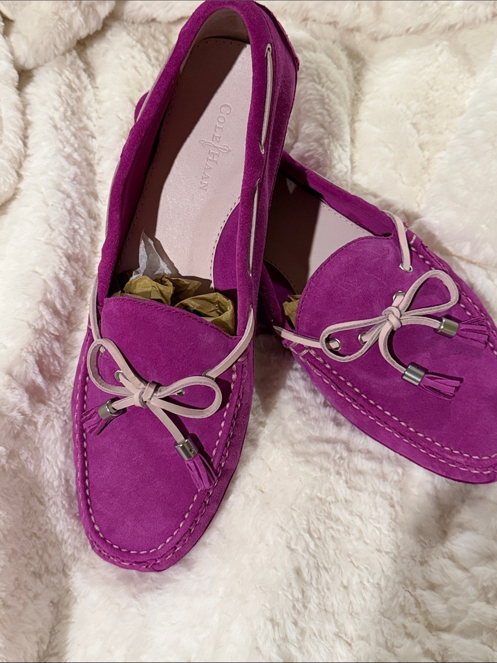 Cole Haan Magenta Suede Moccasin Loafers with Pink Lacing